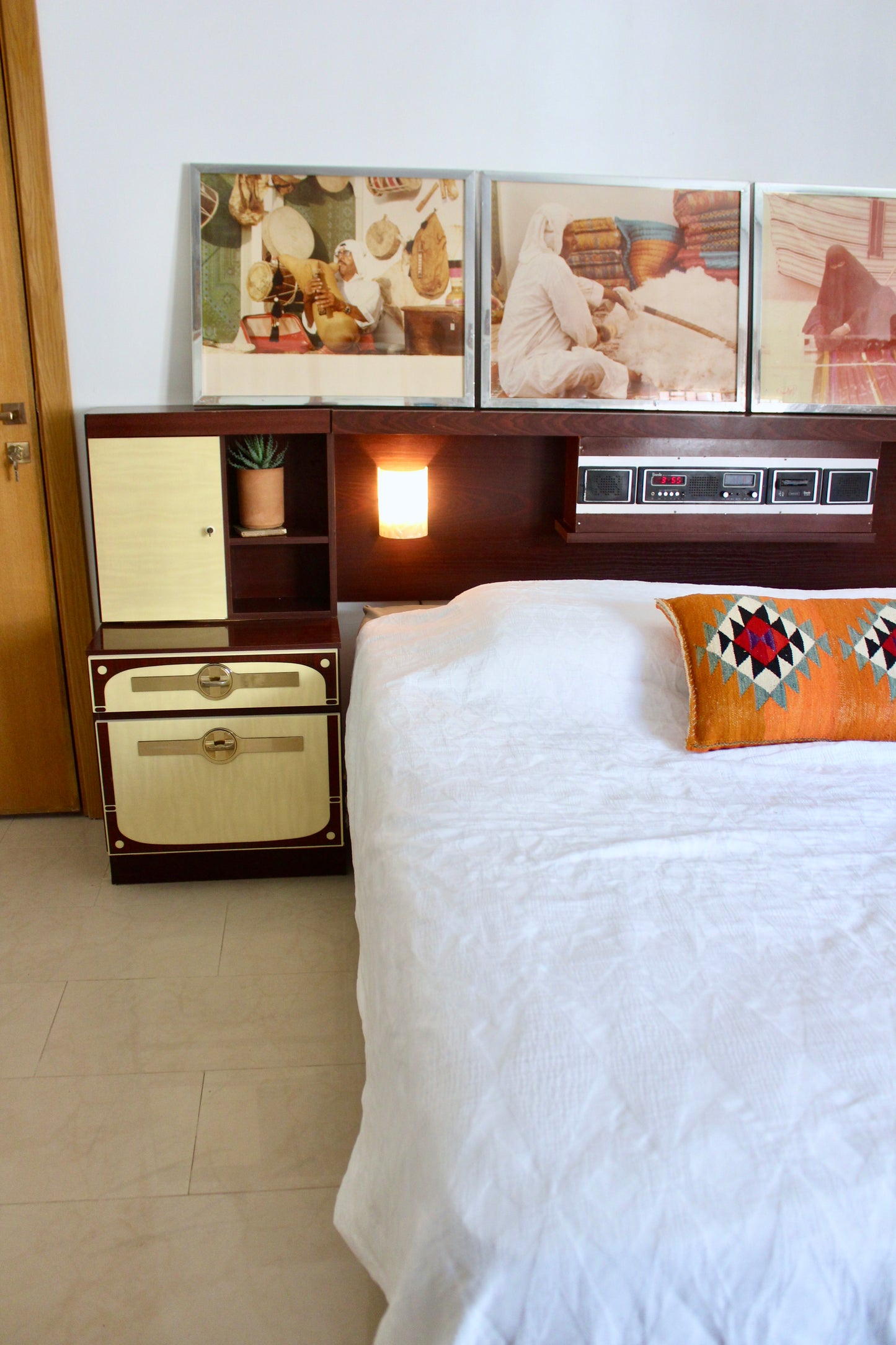 Vintage 1980 Integrated Bedroom Headboard & Nightstands with Radio, Cassette & Lights