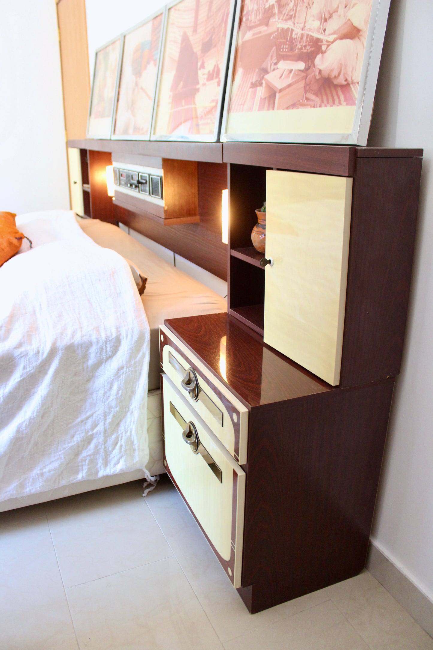 Vintage 1980 Integrated Bedroom Headboard & Nightstands with Radio, Cassette & Lights