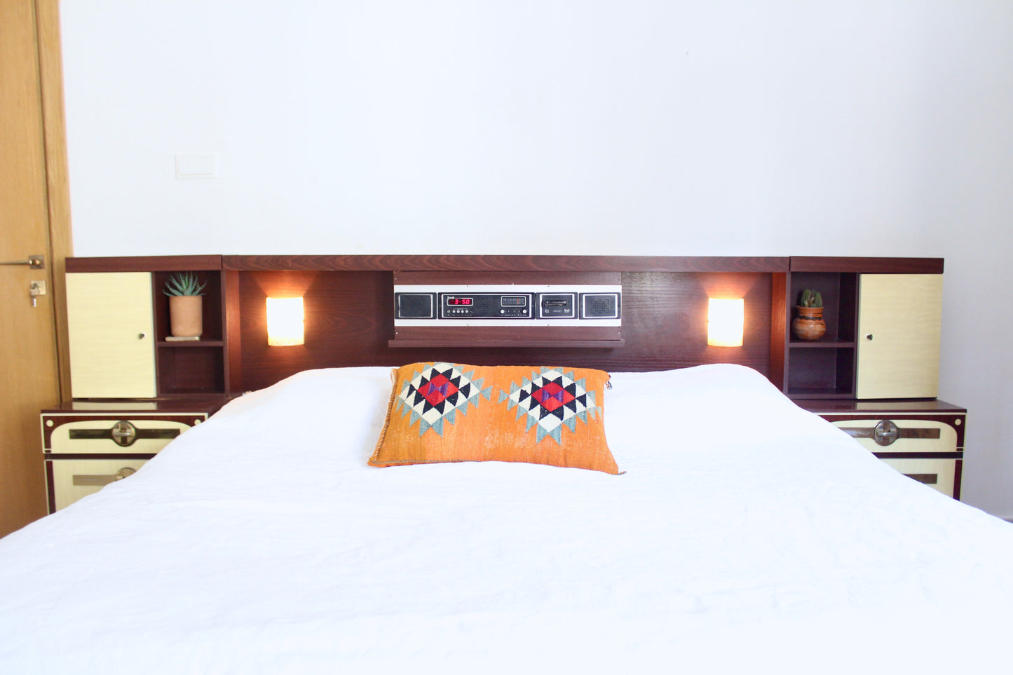 Vintage 1980 Integrated Bedroom Headboard & Nightstands with Radio, Cassette & Lights