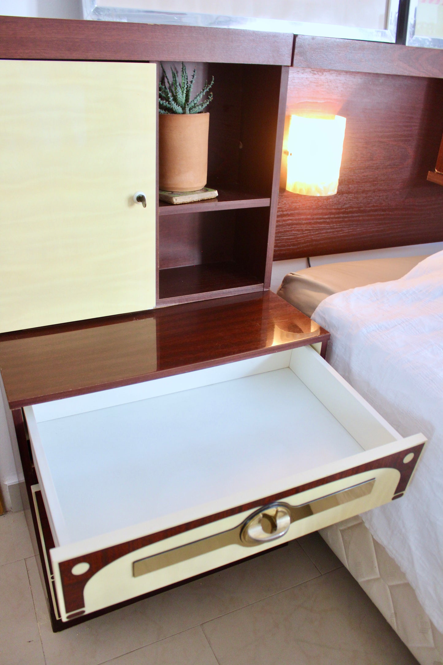 Vintage 1980 Integrated Bedroom Headboard & Nightstands with Radio, Cassette & Lights