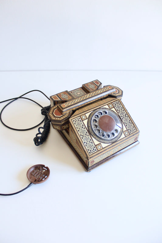 Vintage Damascus Marquetry Rotary Telephone | Syrian Handcrafted Inlay