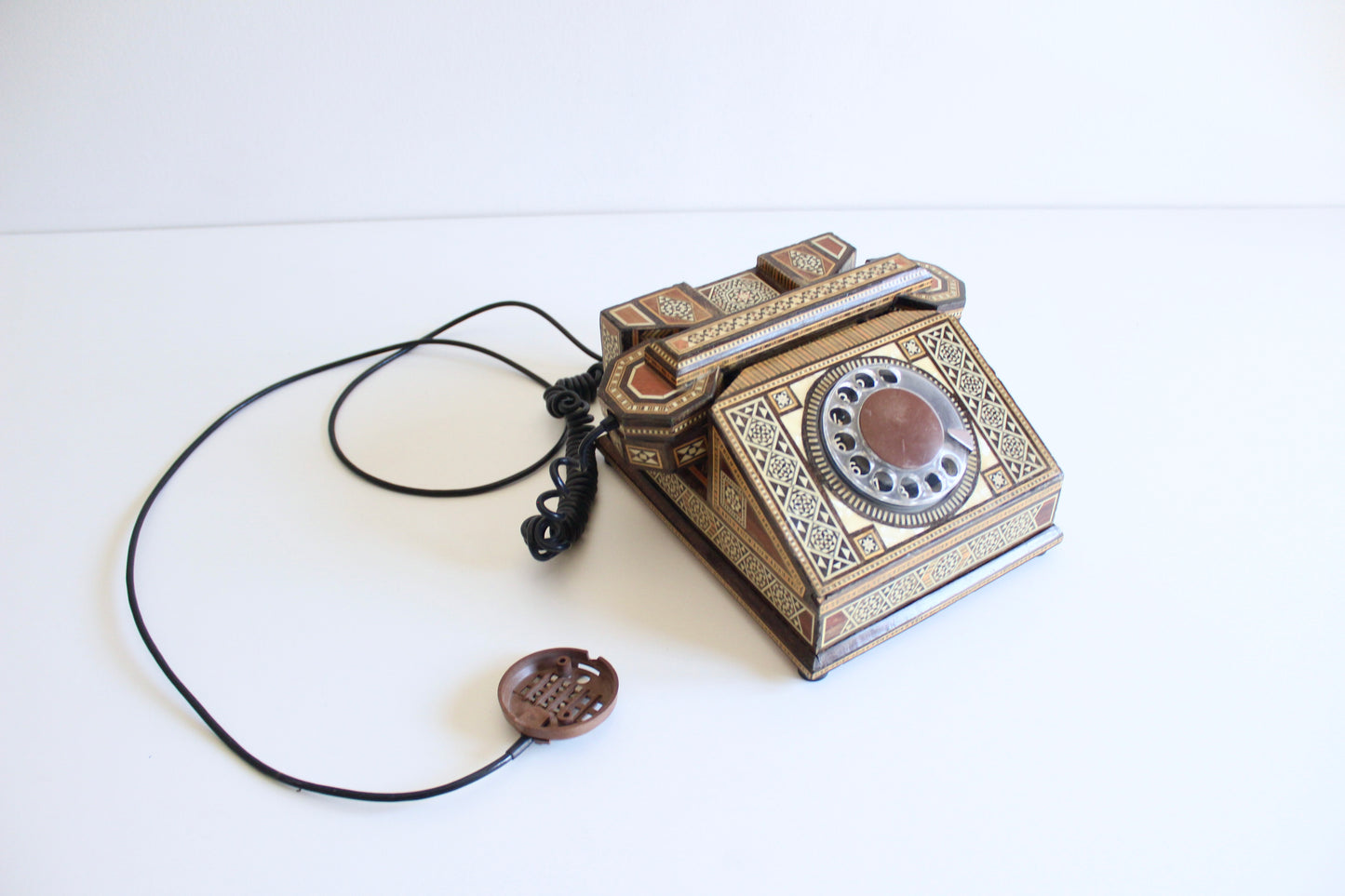 Vintage Damascus Marquetry Rotary Telephone | Syrian Handcrafted Inlay
