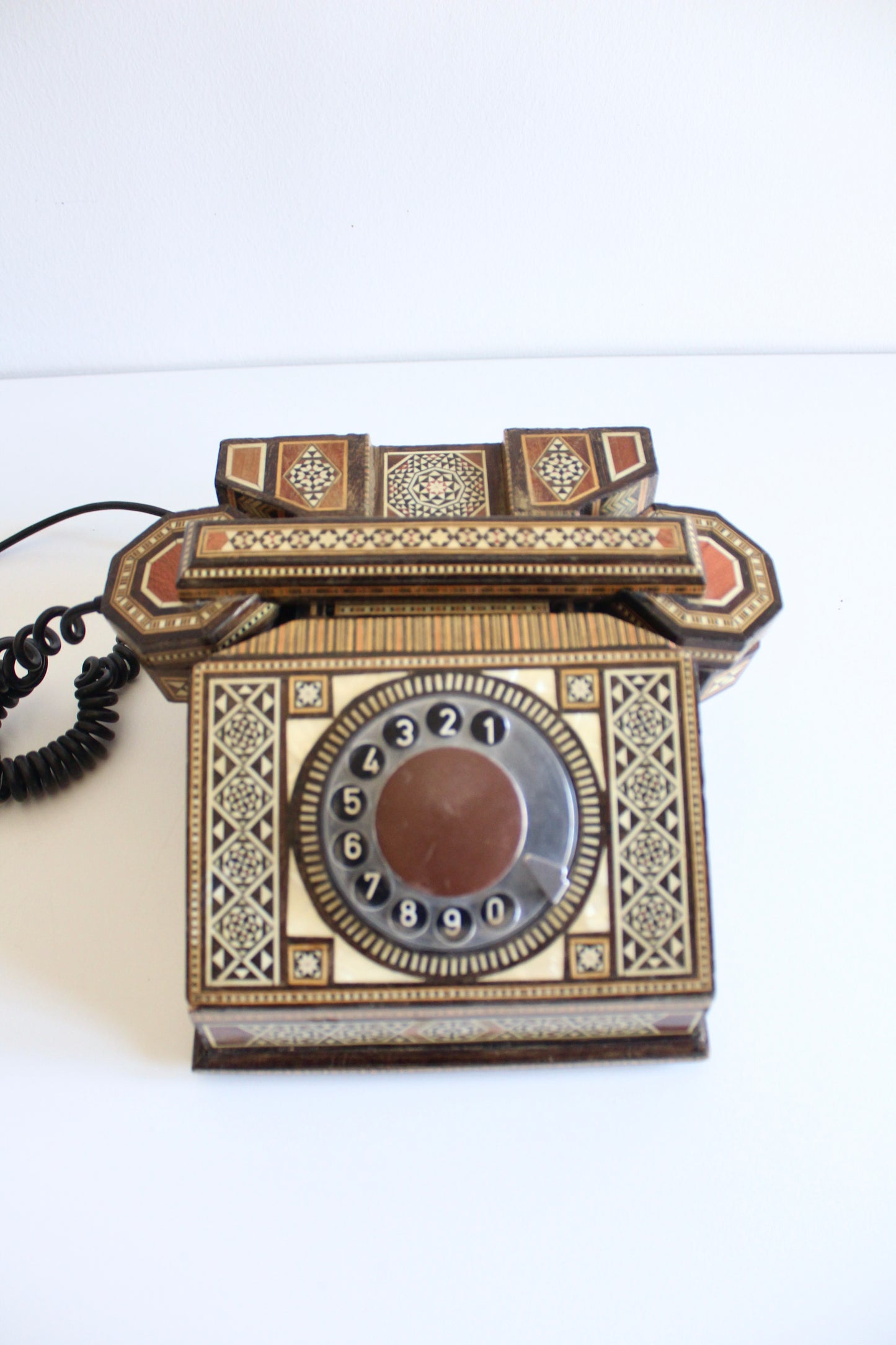 Vintage Damascus Marquetry Rotary Telephone | Syrian Handcrafted Inlay
