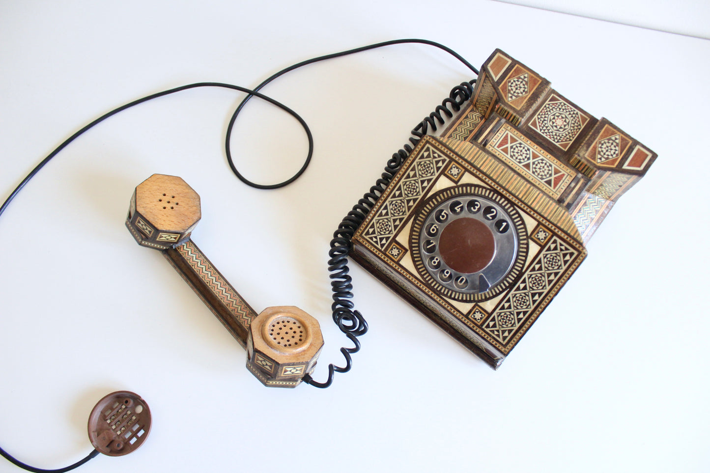 Vintage Damascus Marquetry Rotary Telephone | Syrian Handcrafted Inlay