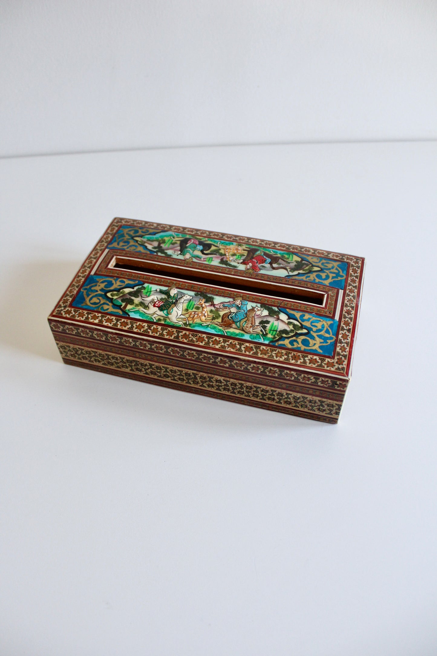 Persian Khatam Marquetry Tissue Box with Hand-Painted Miniatures
