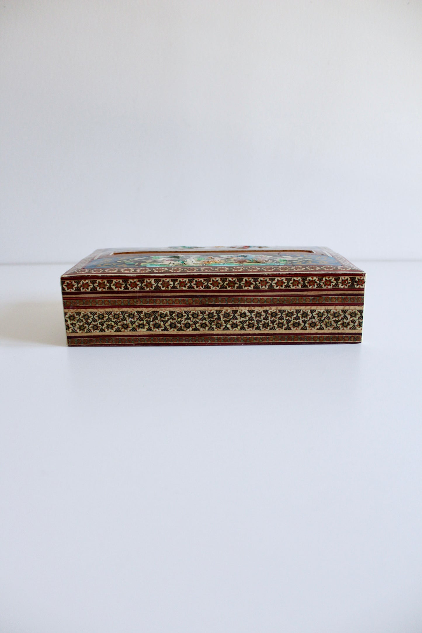 Persian Khatam Marquetry Tissue Box with Hand-Painted Miniatures