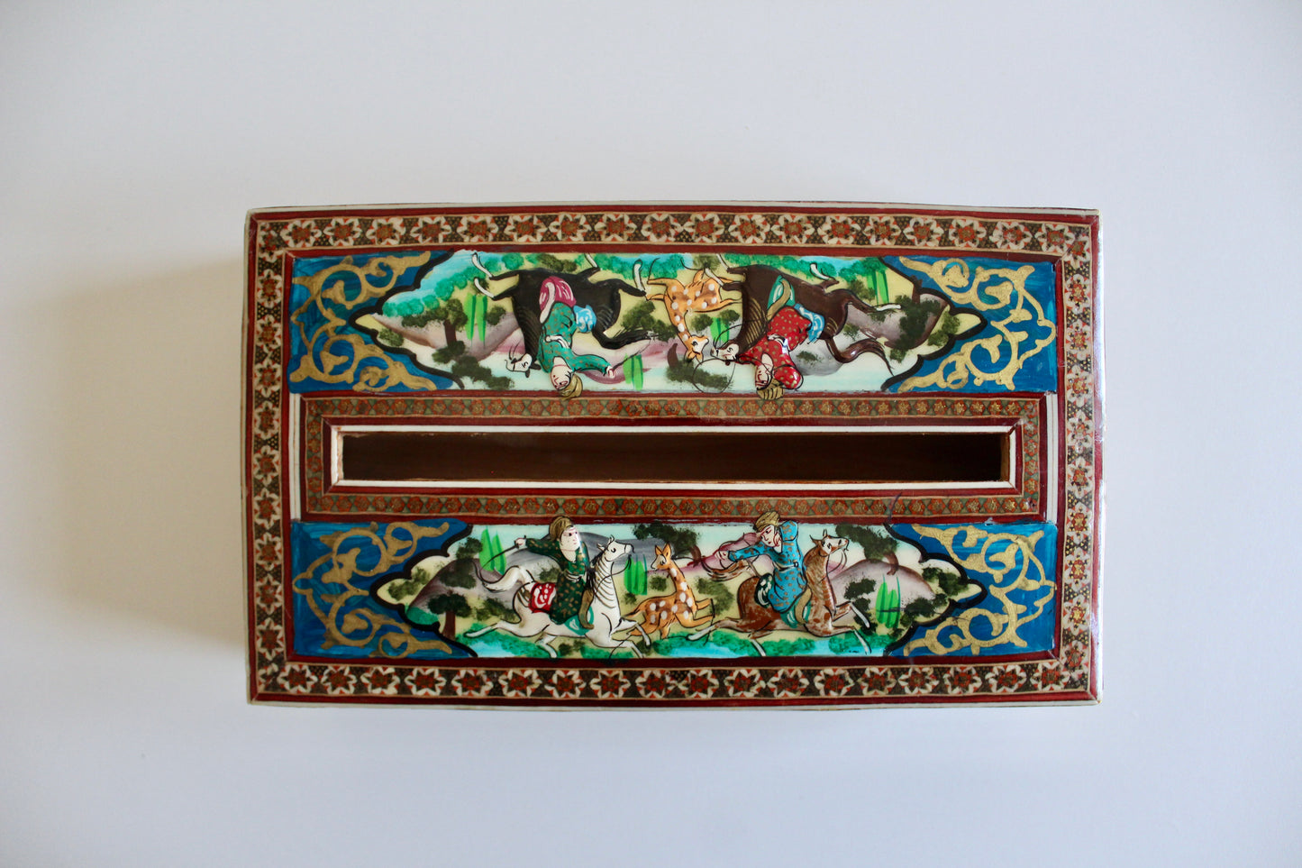 Persian Khatam Marquetry Tissue Box with Hand-Painted Miniatures