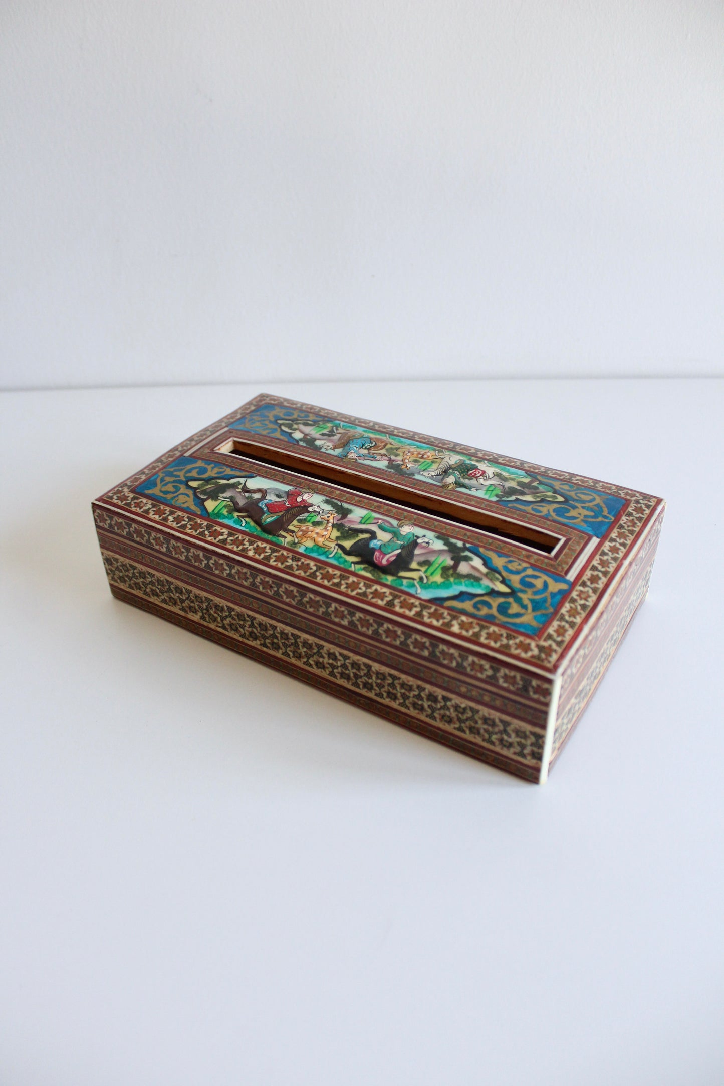 Persian Khatam Marquetry Tissue Box with Hand-Painted Miniatures