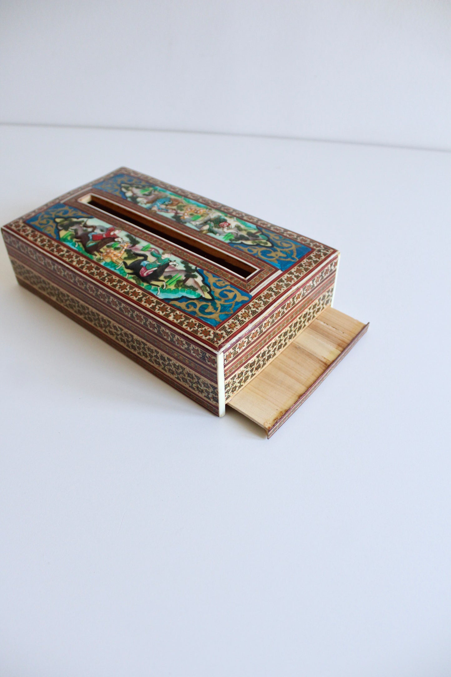 Persian Khatam Marquetry Tissue Box with Hand-Painted Miniatures