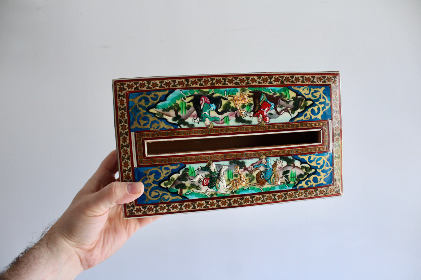 Persian Khatam Marquetry Tissue Box with Hand-Painted Miniatures