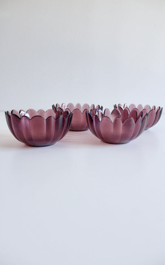Set of 4 Vintage Amethyst Glass Lotus Bowls