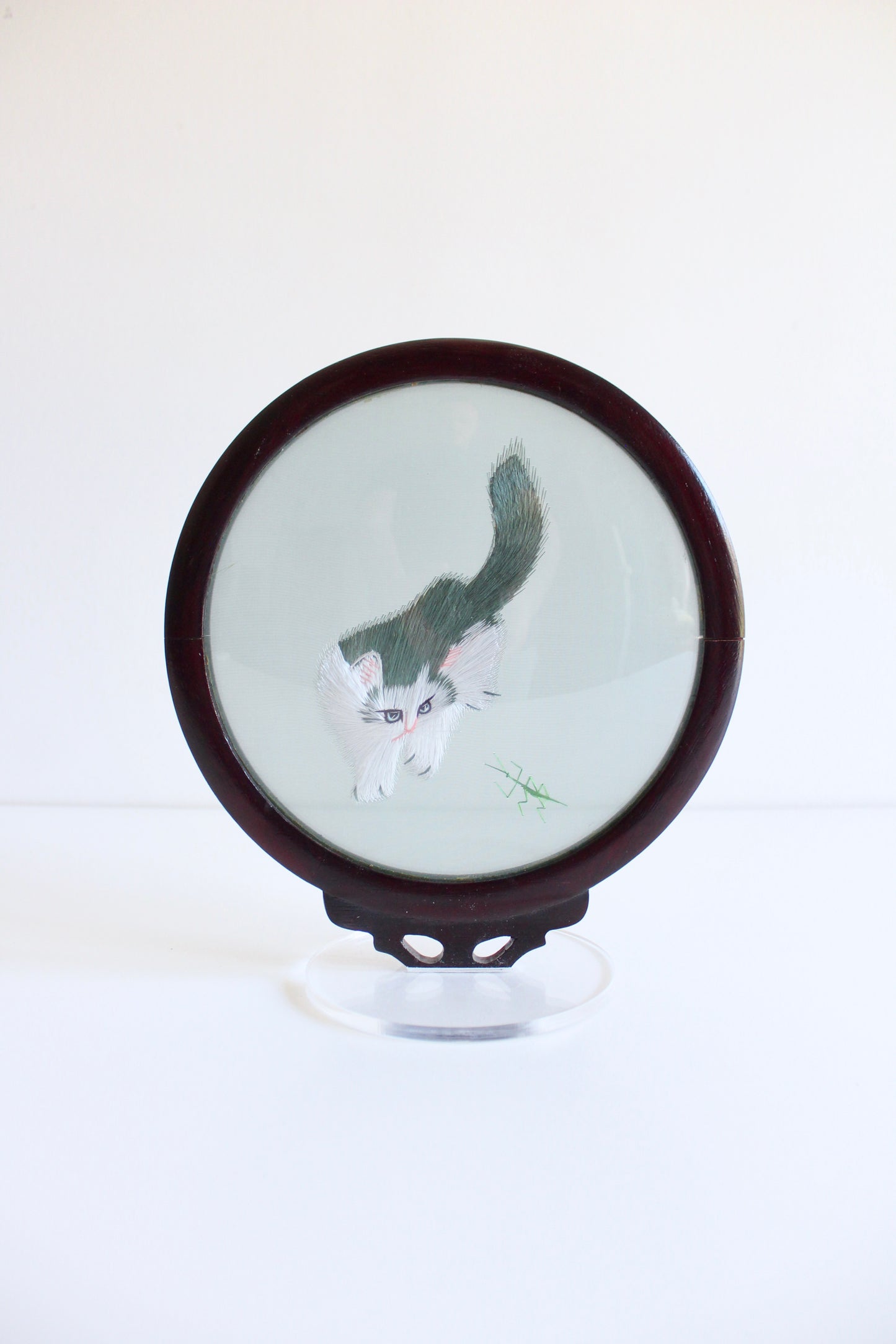 Vintage Chinese Silk Embroidered Cat in Hardwood Display Frame