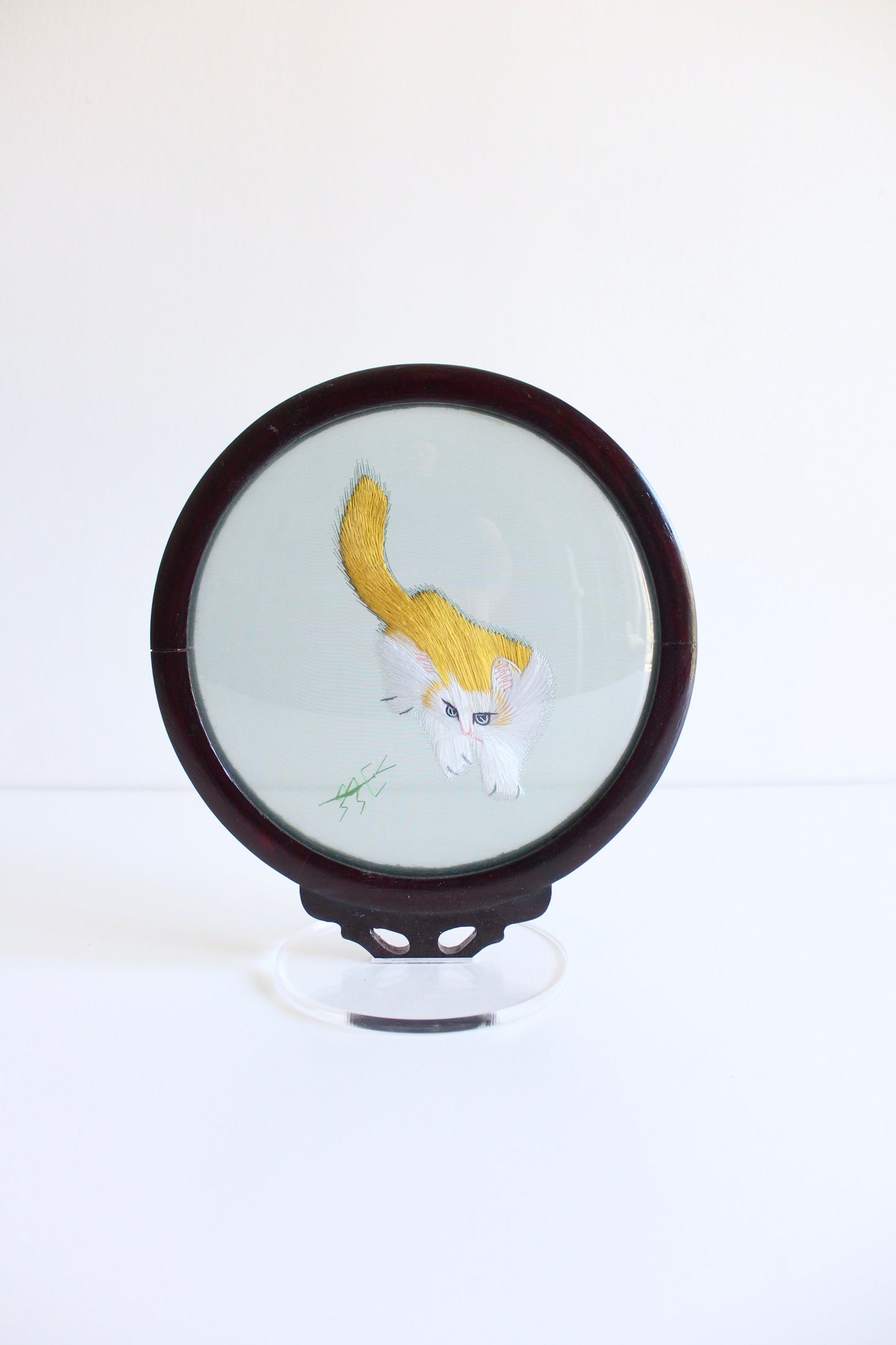 Vintage Chinese Silk Embroidered Cat in Hardwood Display Frame