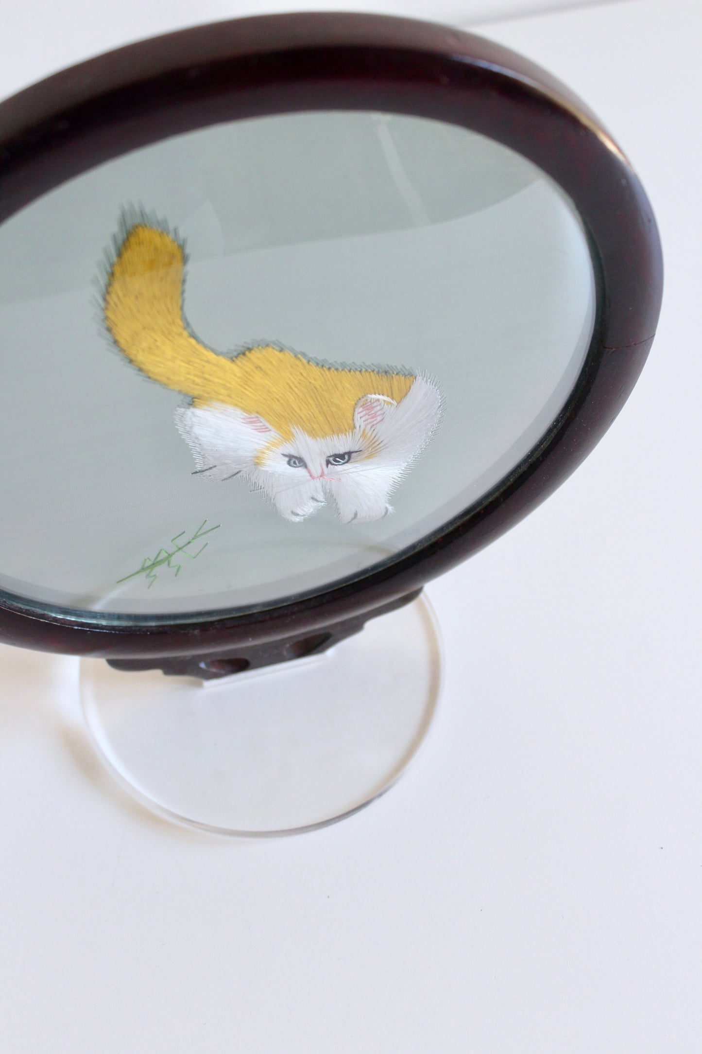 Vintage Chinese Silk Embroidered Cat in Hardwood Display Frame