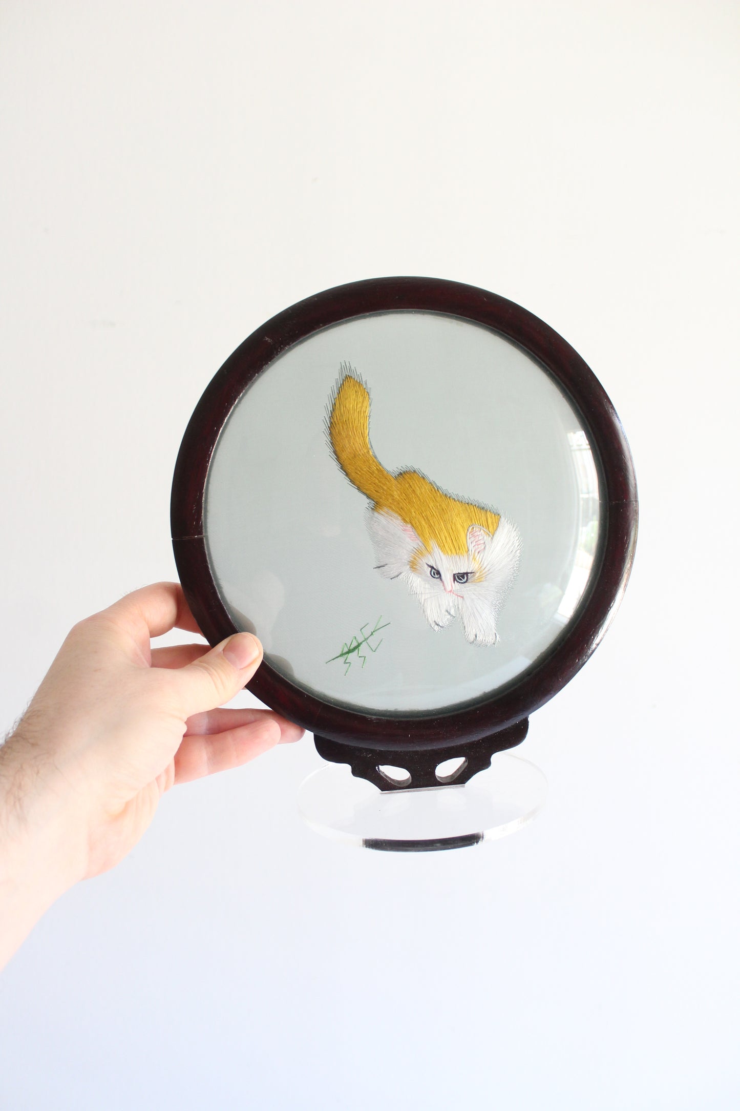 Vintage Chinese Silk Embroidered Cat in Hardwood Display Frame