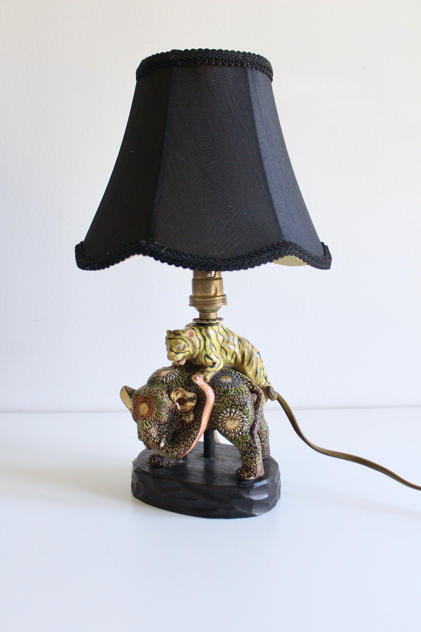Japanese Satsuma Elephant & Tiger Porcelain Table Lamp
