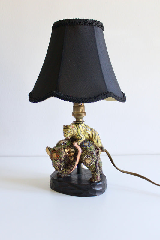 Japanese Satsuma Elephant & Tiger Porcelain Table Lamp