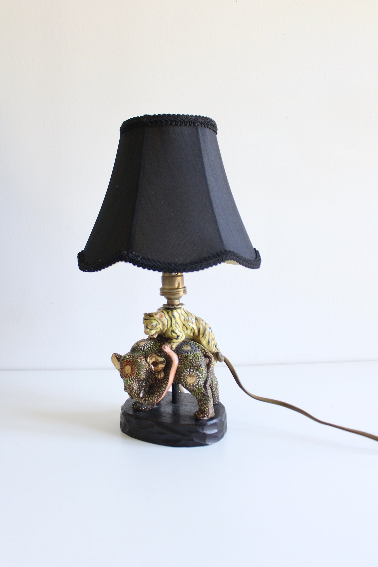 Japanese Satsuma Elephant & Tiger Porcelain Table Lamp