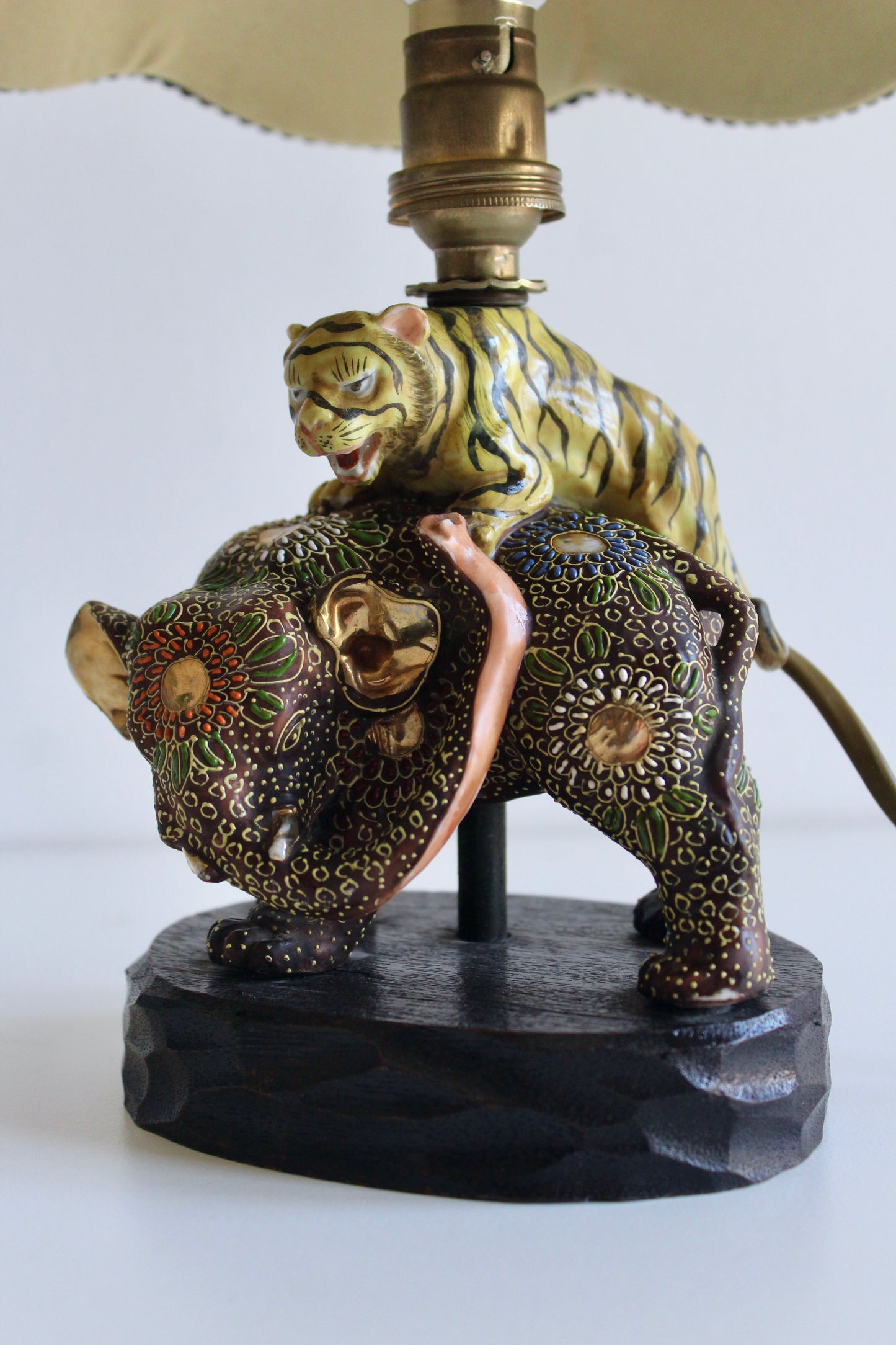 Japanese Satsuma Elephant & Tiger Porcelain Table Lamp