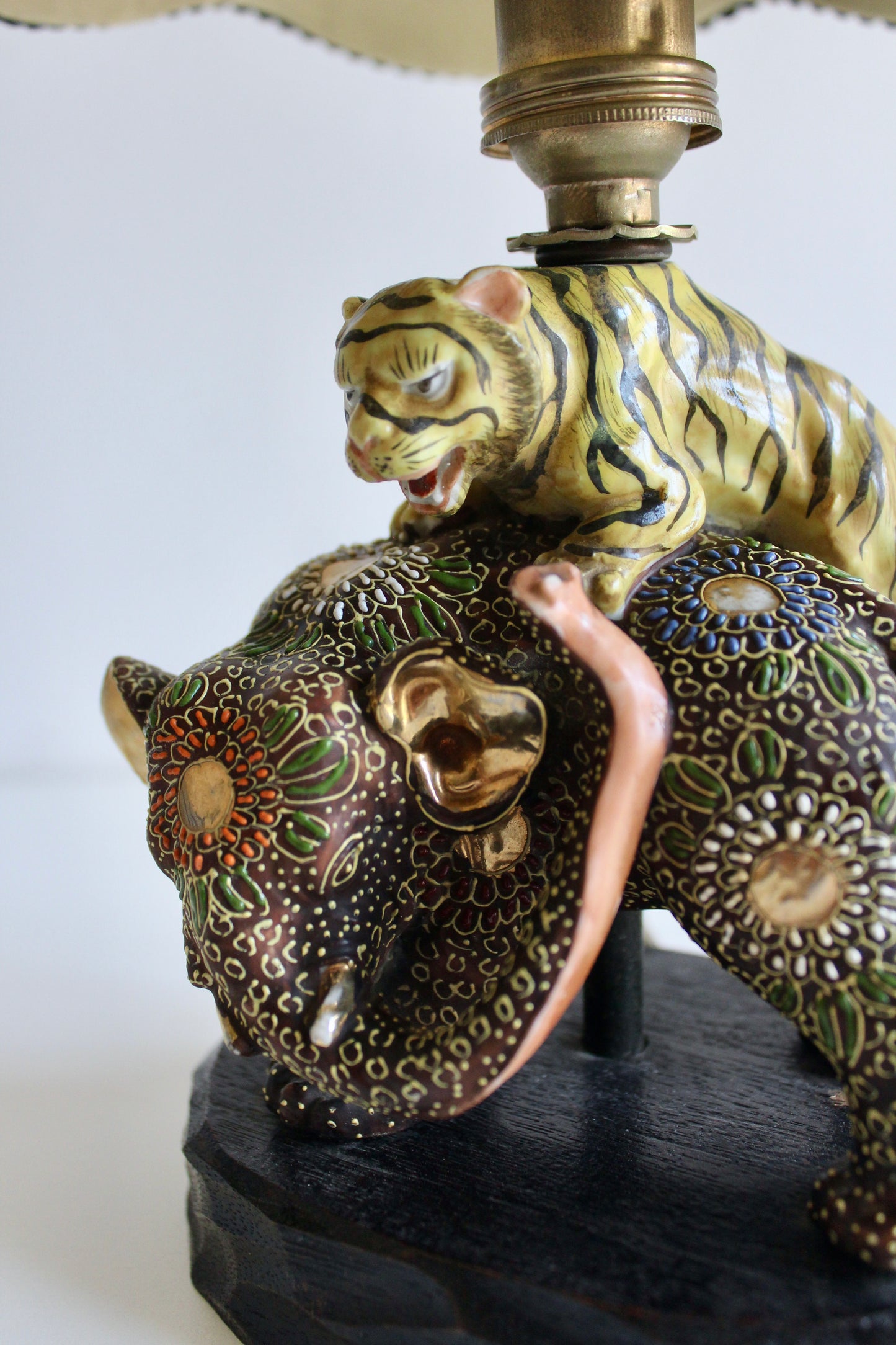 Japanese Satsuma Elephant & Tiger Porcelain Table Lamp