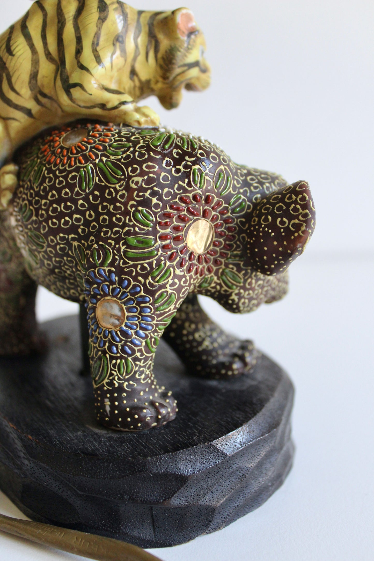 Japanese Satsuma Elephant & Tiger Porcelain Table Lamp