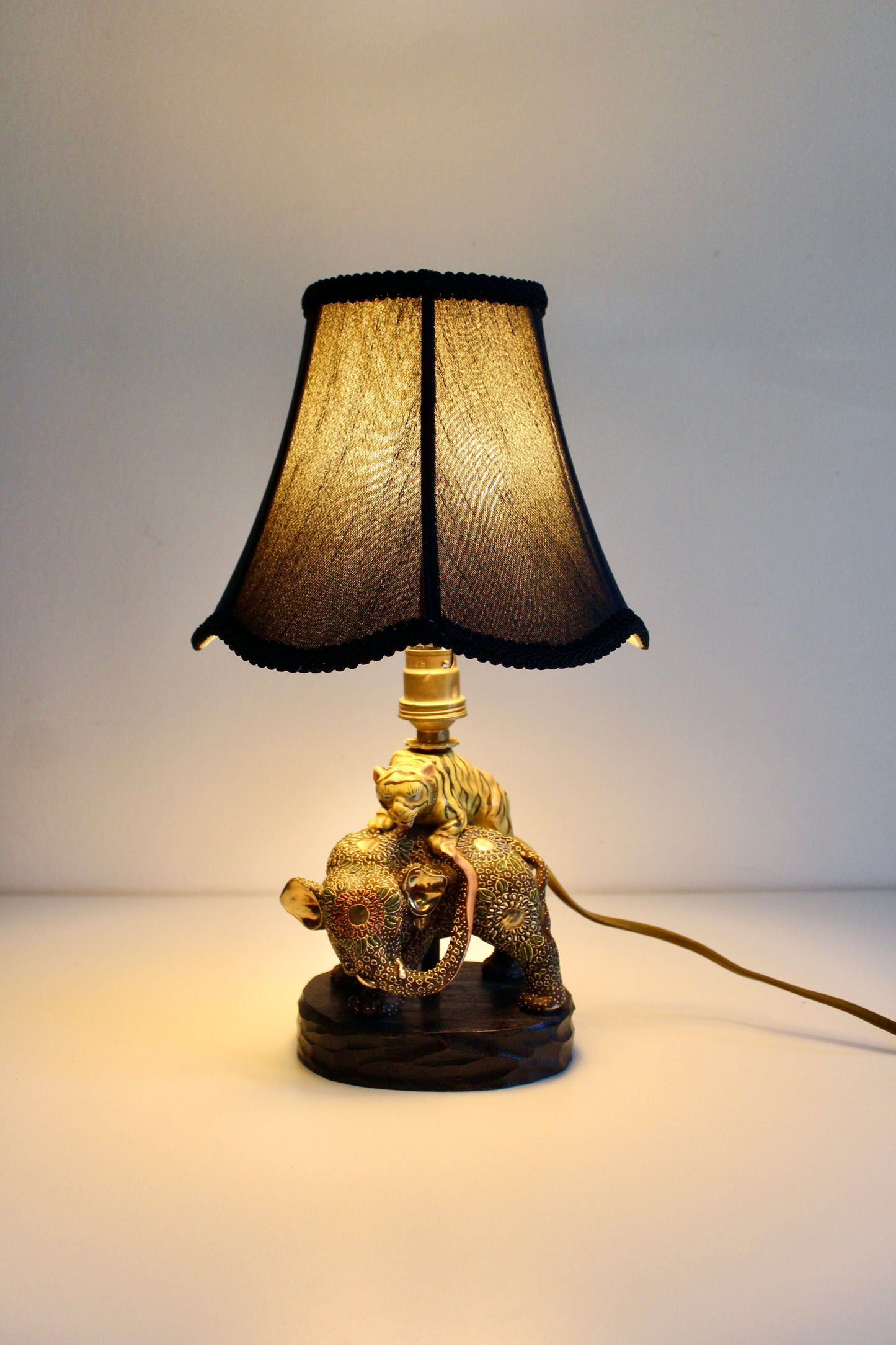 Japanese Satsuma Elephant & Tiger Porcelain Table Lamp