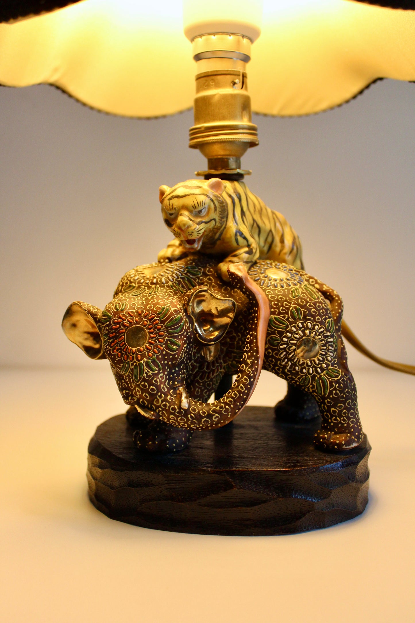 Japanese Satsuma Elephant & Tiger Porcelain Table Lamp