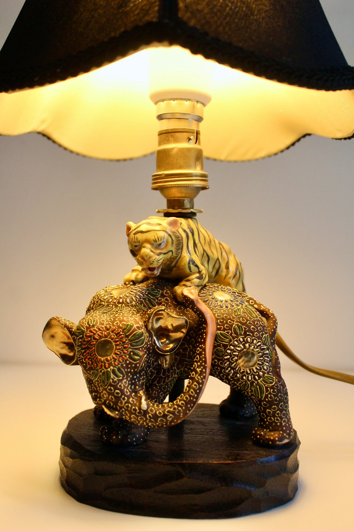 Japanese Satsuma Elephant & Tiger Porcelain Table Lamp