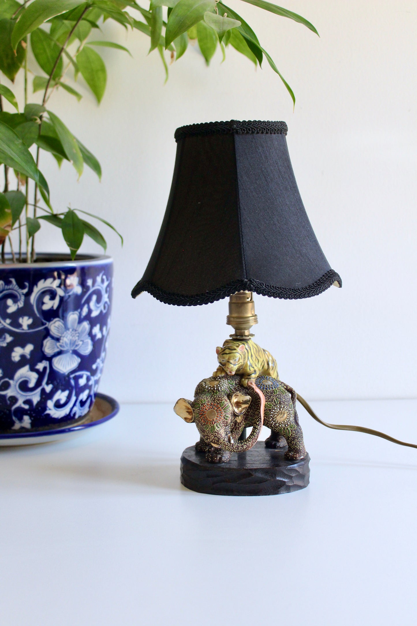 Japanese Satsuma Elephant & Tiger Porcelain Table Lamp