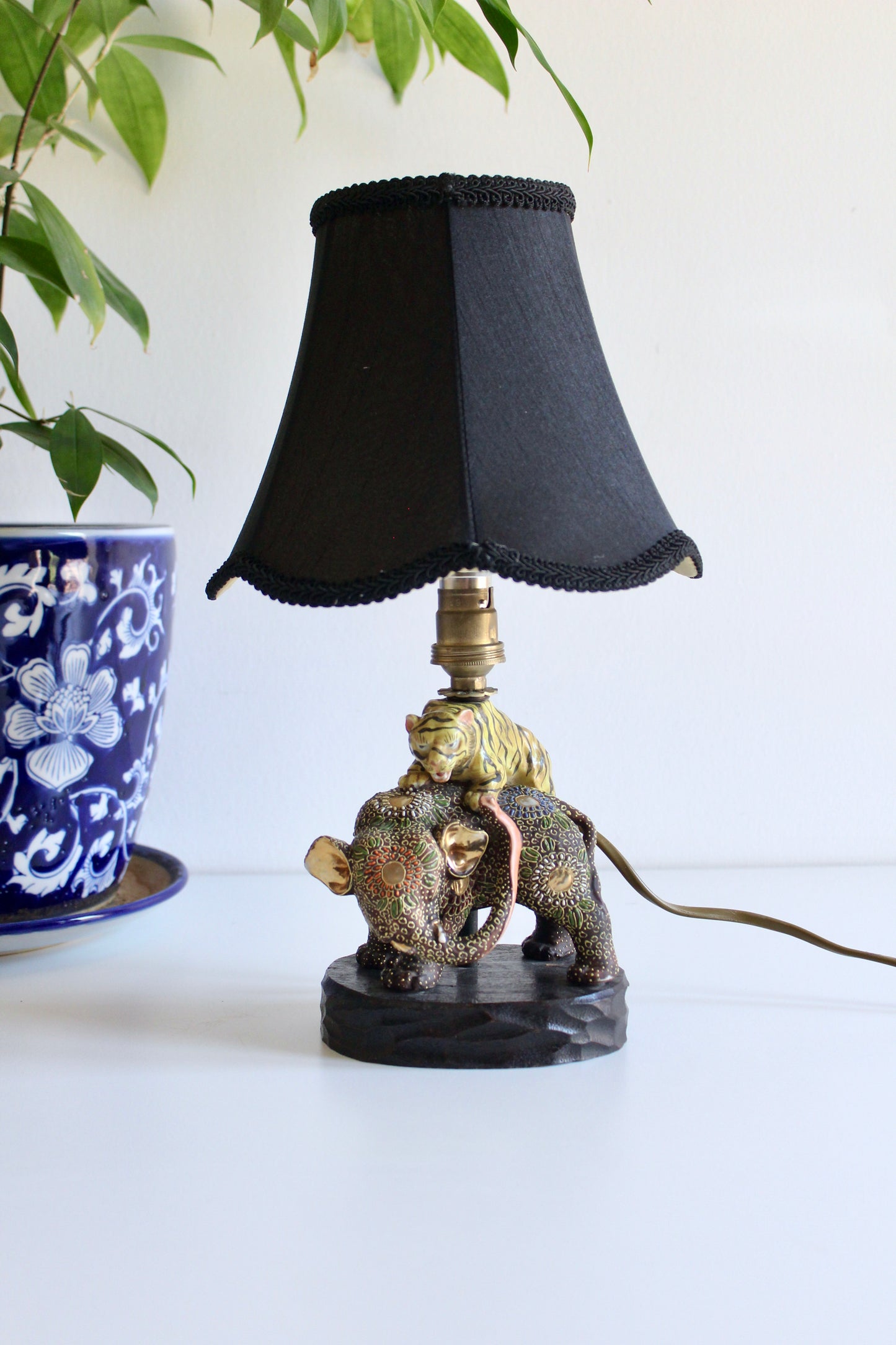 Japanese Satsuma Elephant & Tiger Porcelain Table Lamp