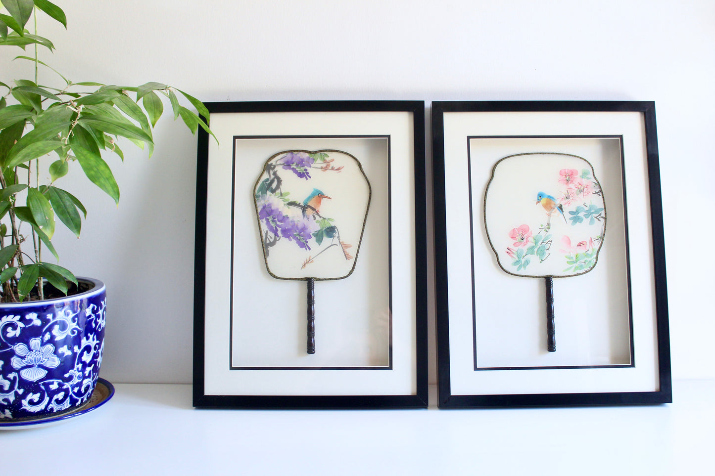 Pair of Framed Chinese Hand-Painted Silk Fans