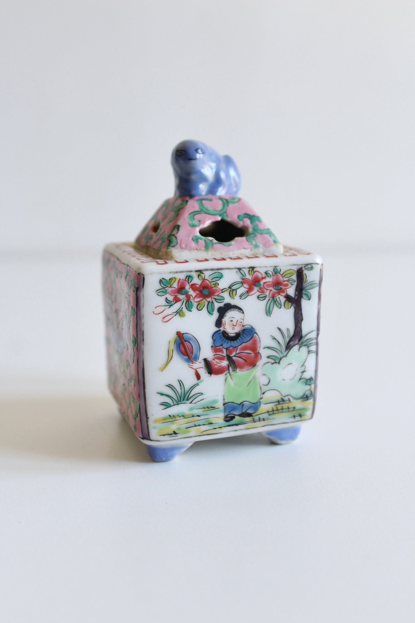 Vintage Chinese Famille Rose Porcelain Incense Burner with Foo Dog Finial