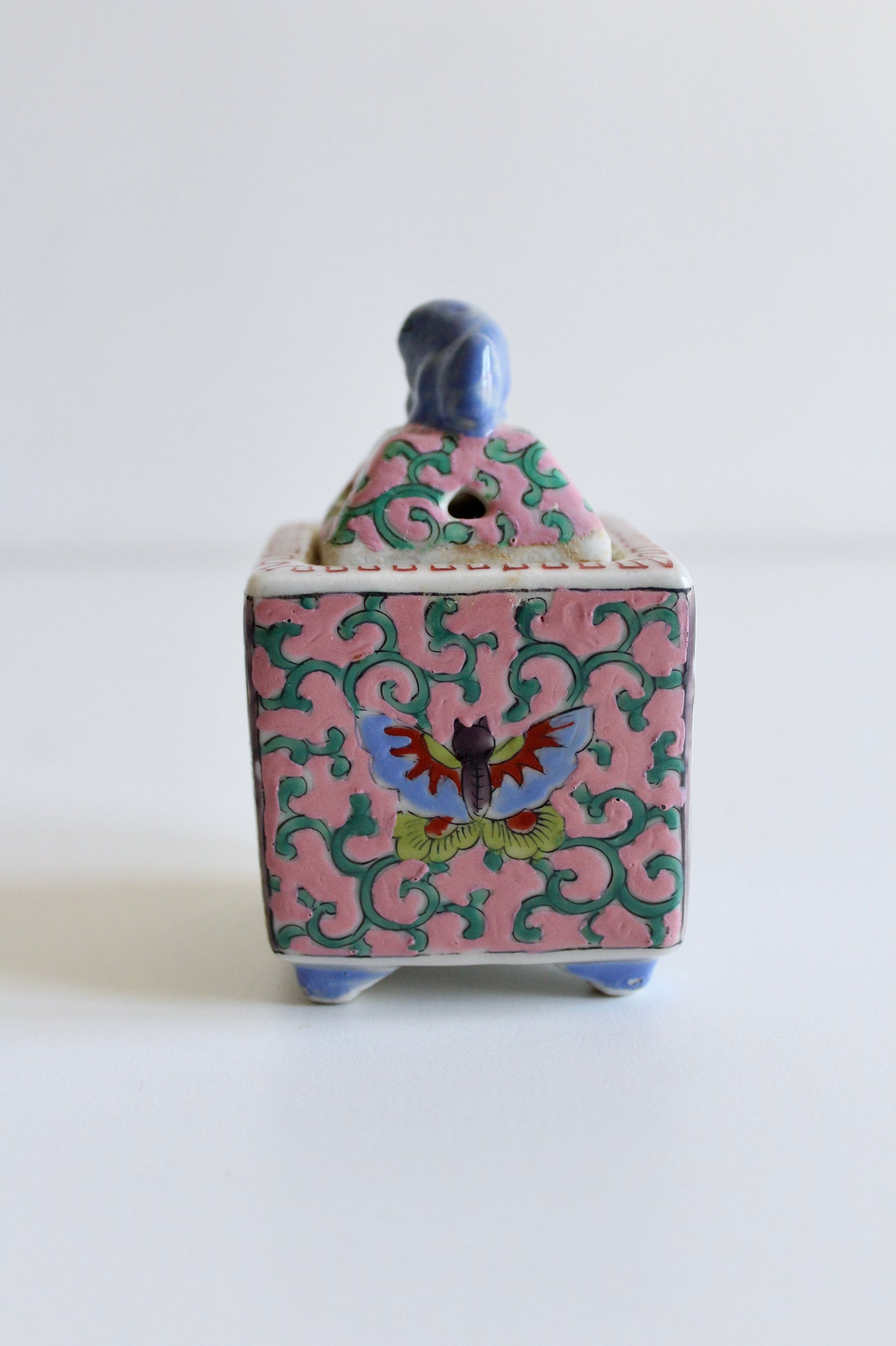 Vintage Chinese Famille Rose Porcelain Incense Burner with Foo Dog Finial
