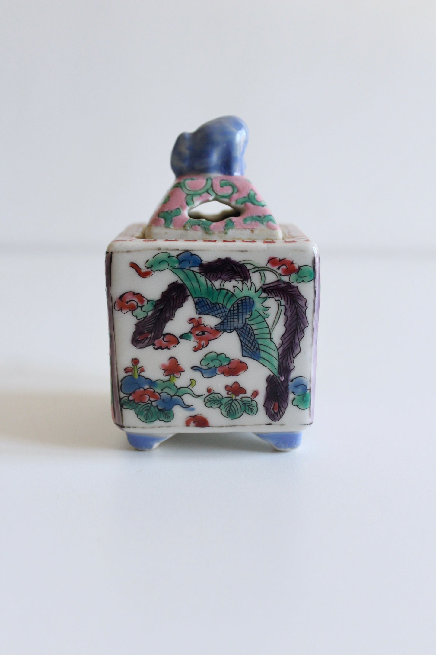 Vintage Chinese Famille Rose Porcelain Incense Burner with Foo Dog Finial