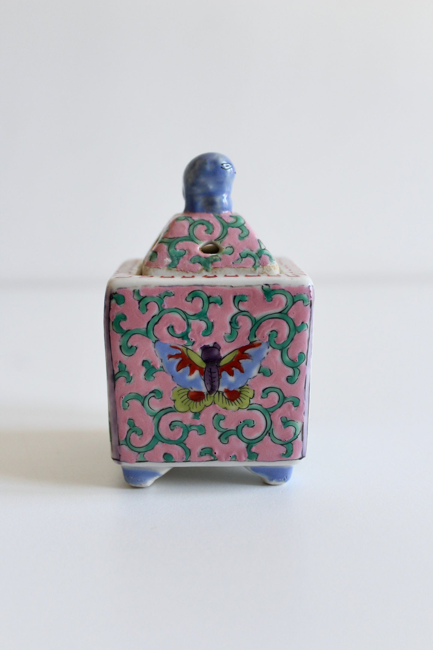 Vintage Chinese Famille Rose Porcelain Incense Burner with Foo Dog Finial