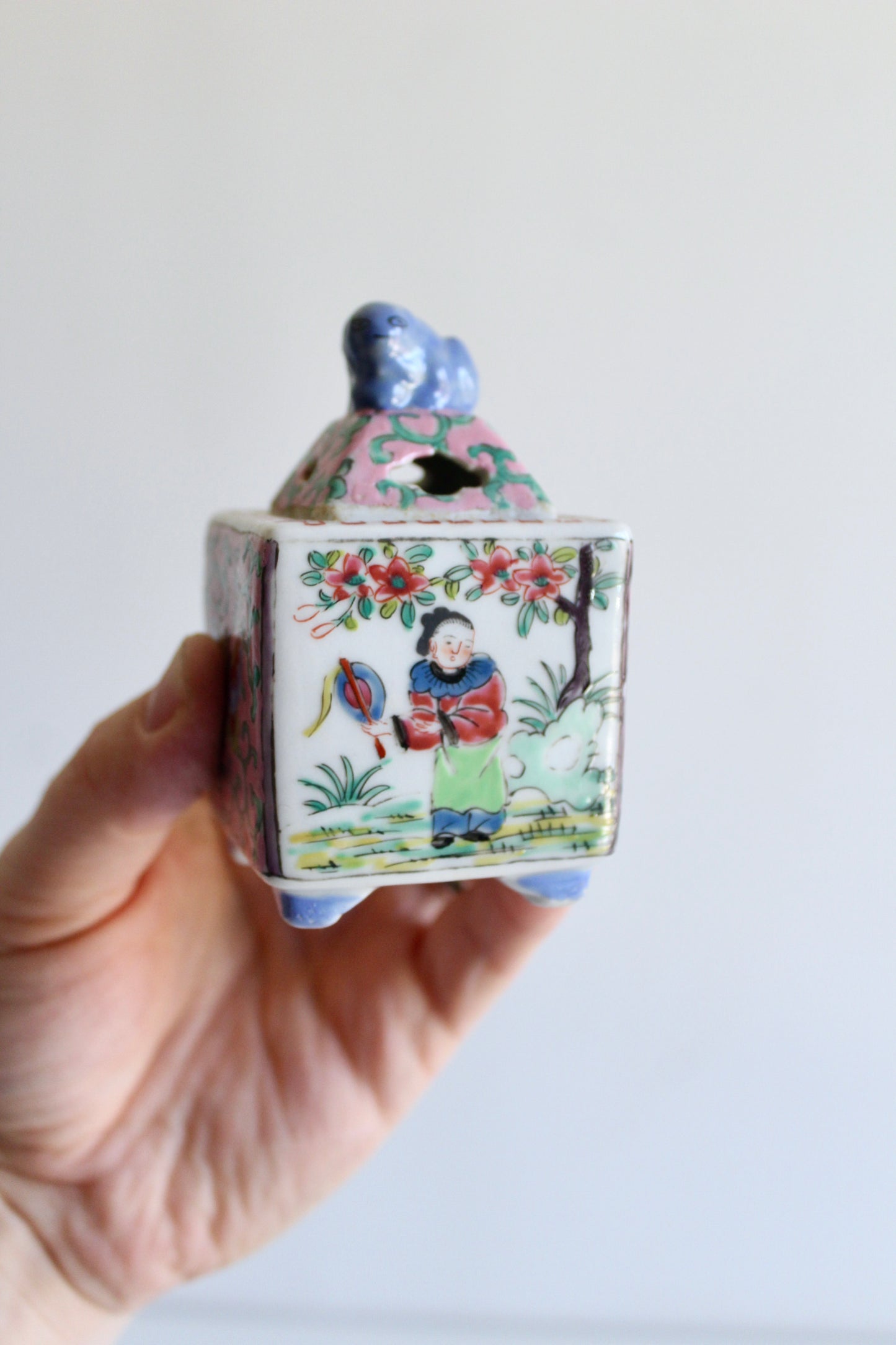 Vintage Chinese Famille Rose Porcelain Incense Burner with Foo Dog Finial
