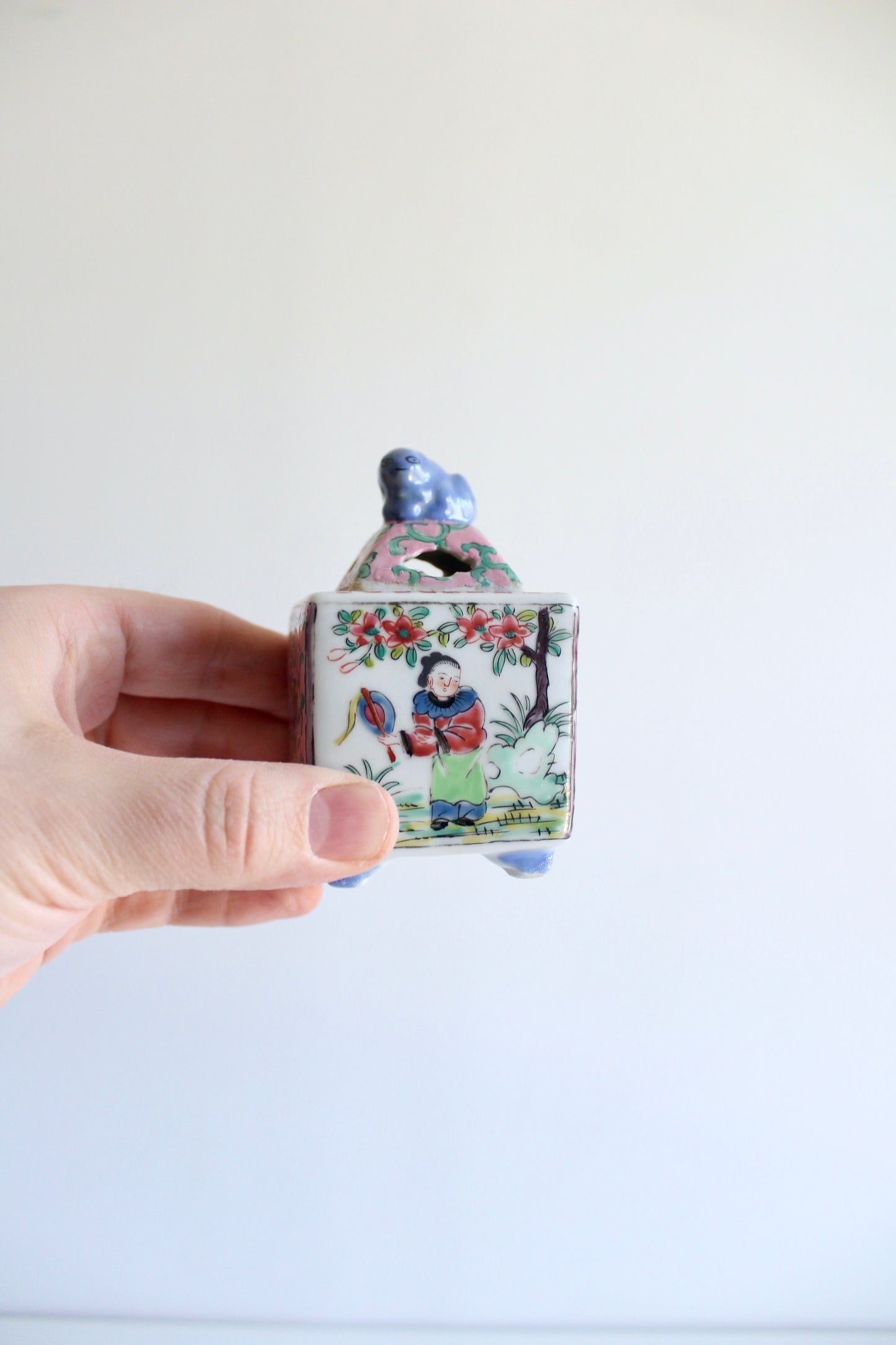 Vintage Chinese Famille Rose Porcelain Incense Burner with Foo Dog Finial