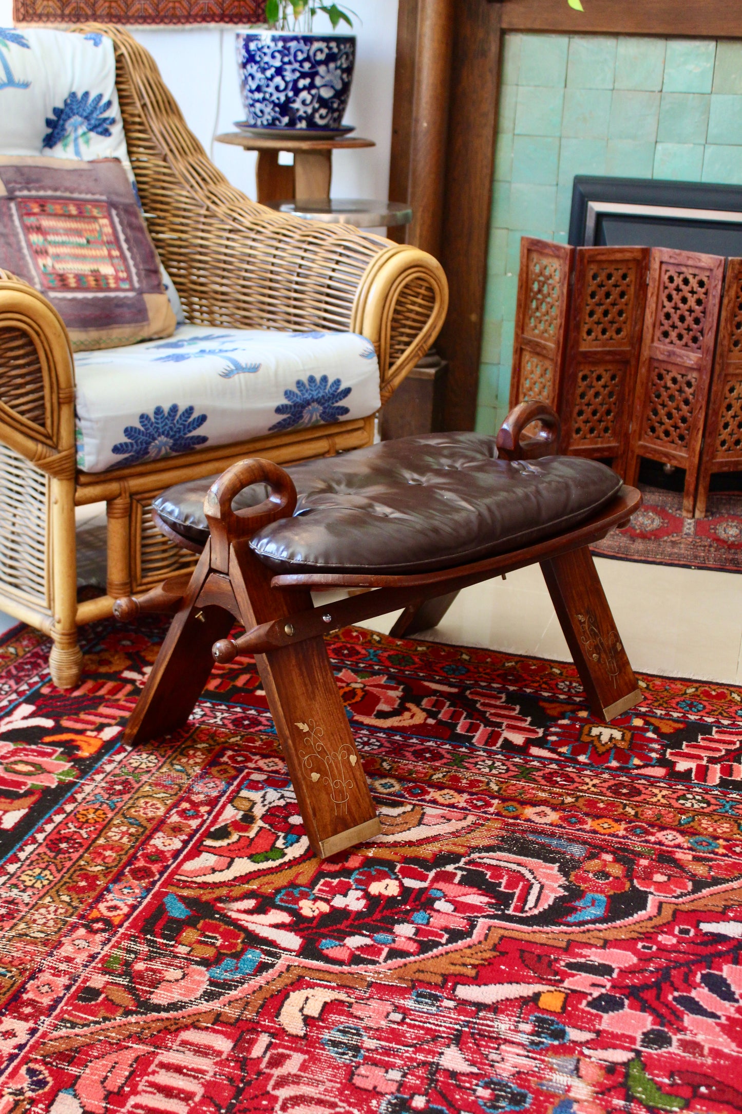 Vintage Handcrafted Pakistani Leather Footstool