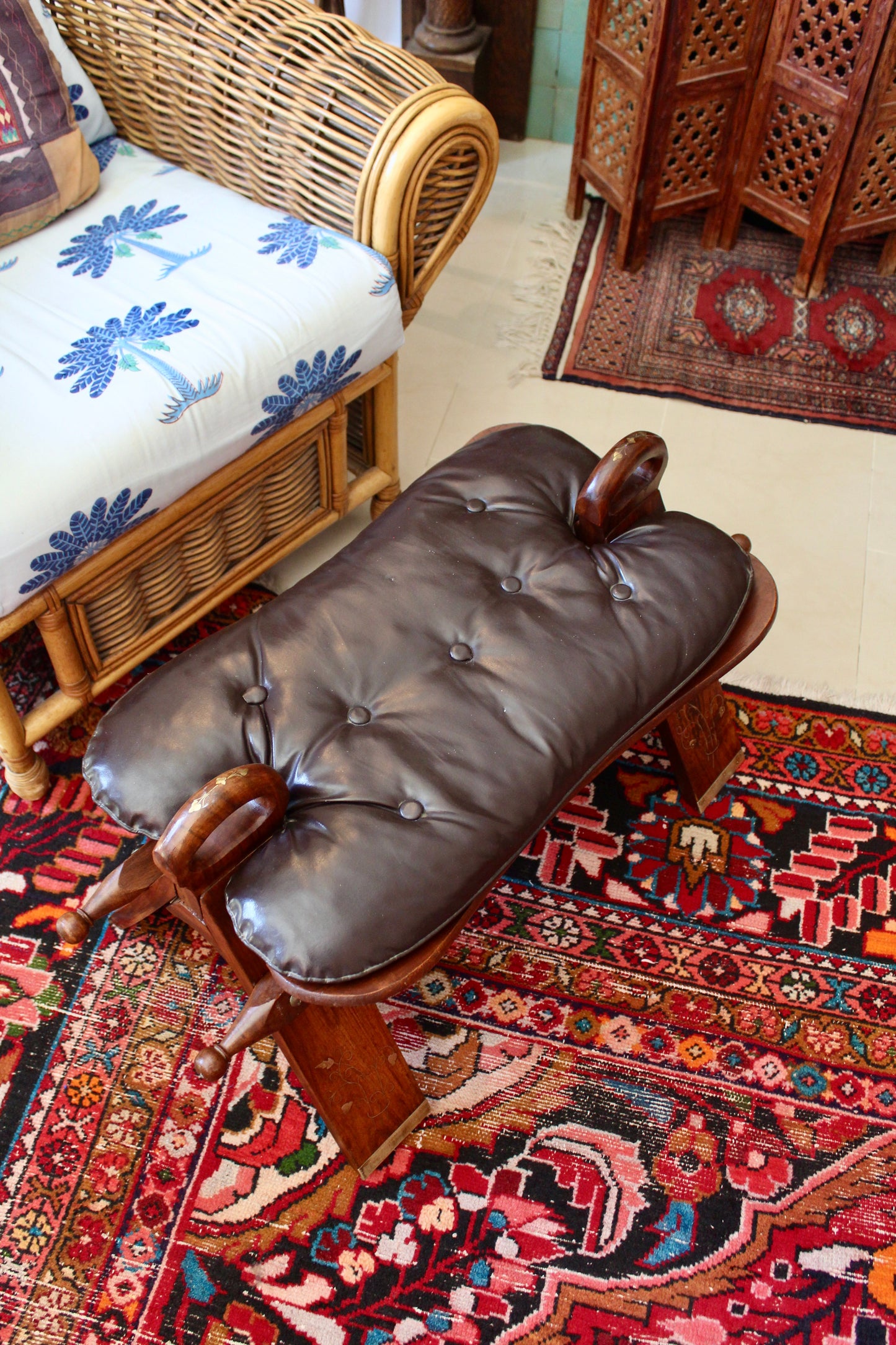 Vintage Handcrafted Pakistani Leather Footstool