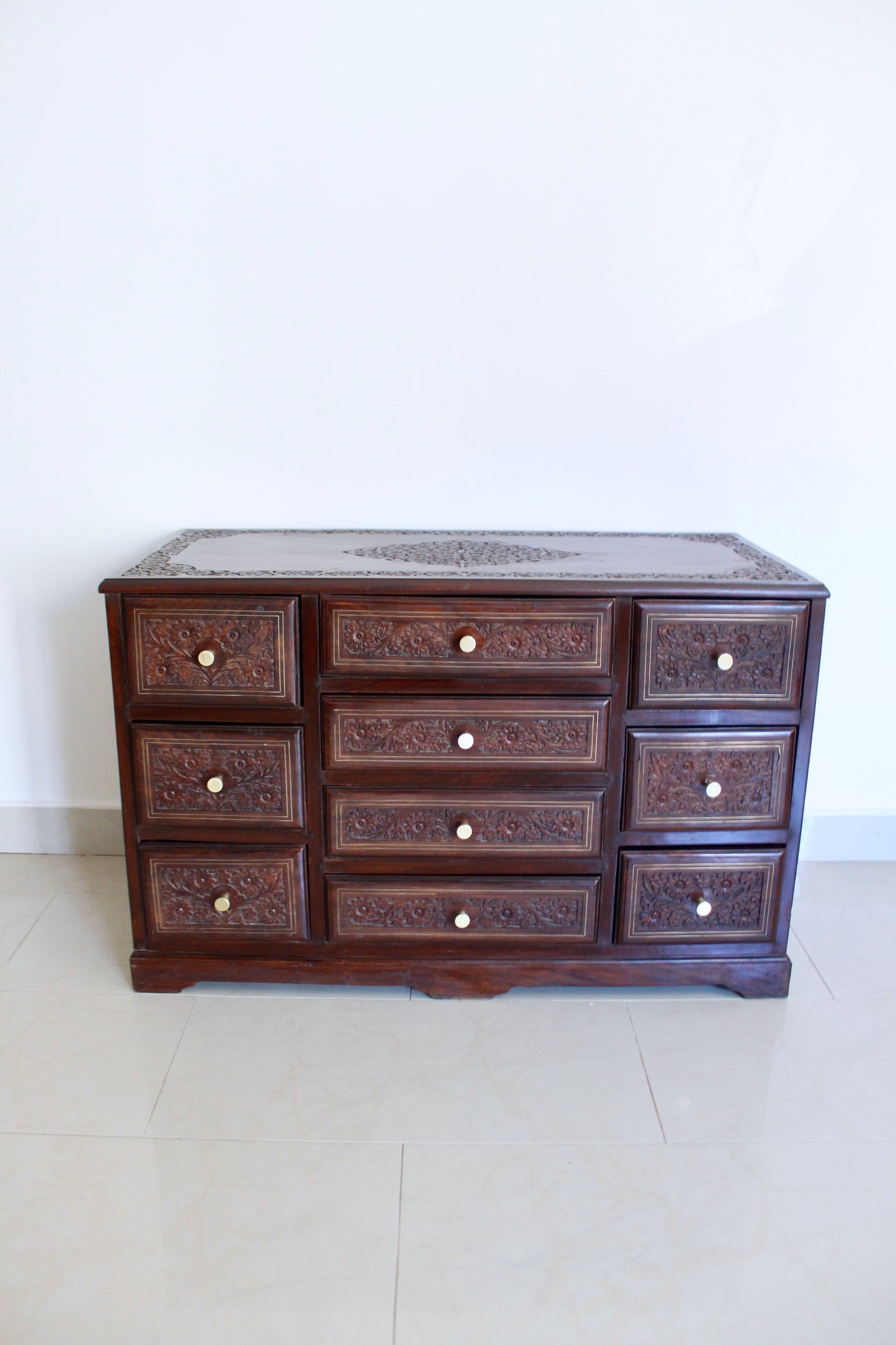 Hand-Carved Solid Wood Chest of Drawers with Brass Inlay