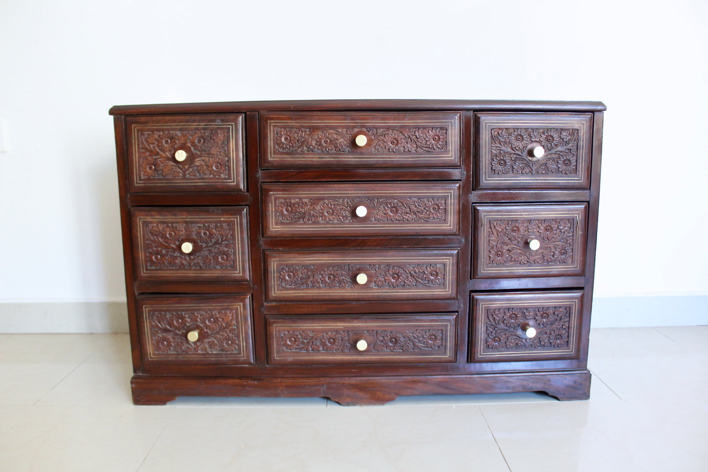 Hand-Carved Solid Wood Chest of Drawers with Brass Inlay