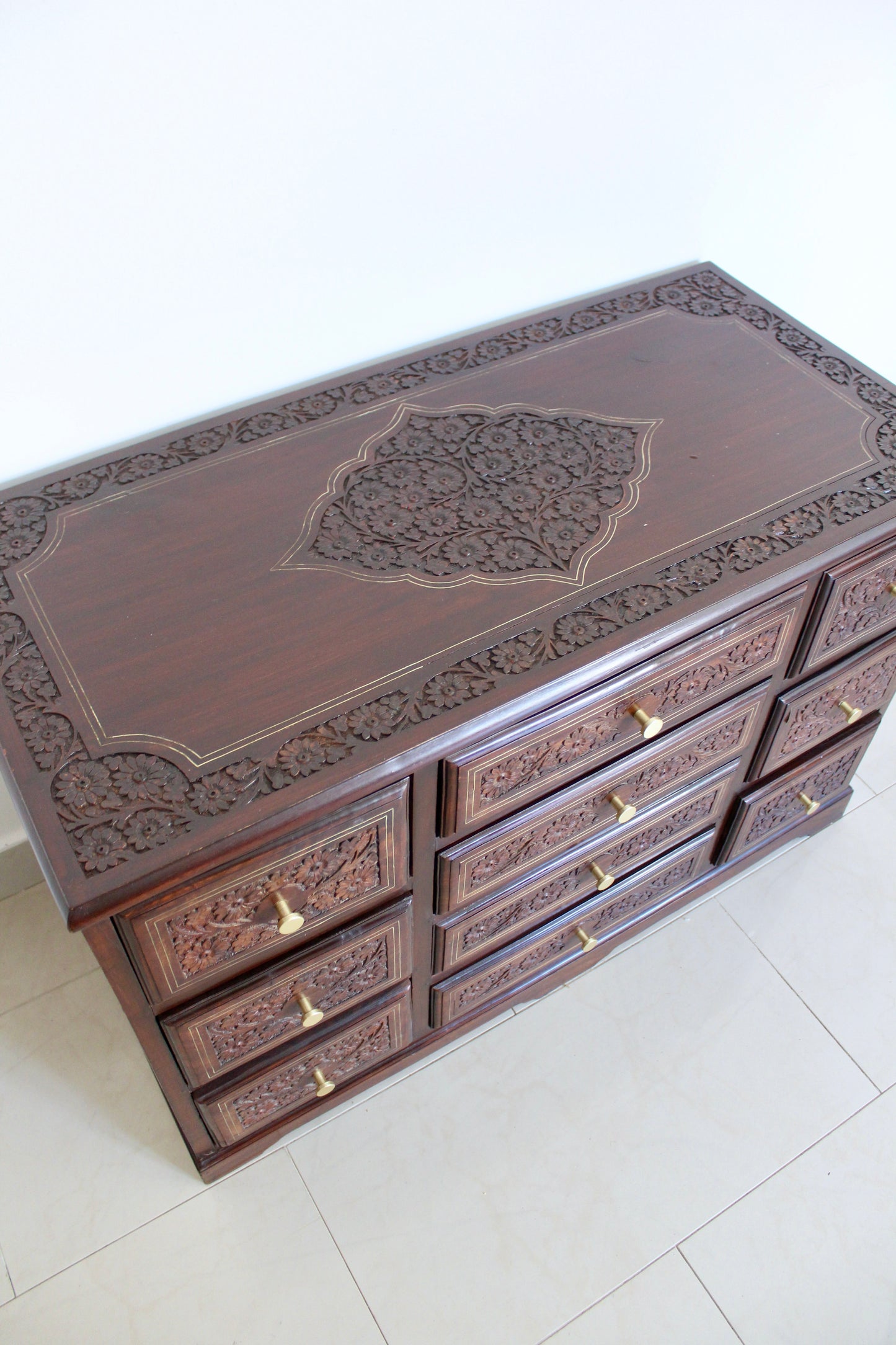 Hand-Carved Solid Wood Chest of Drawers with Brass Inlay