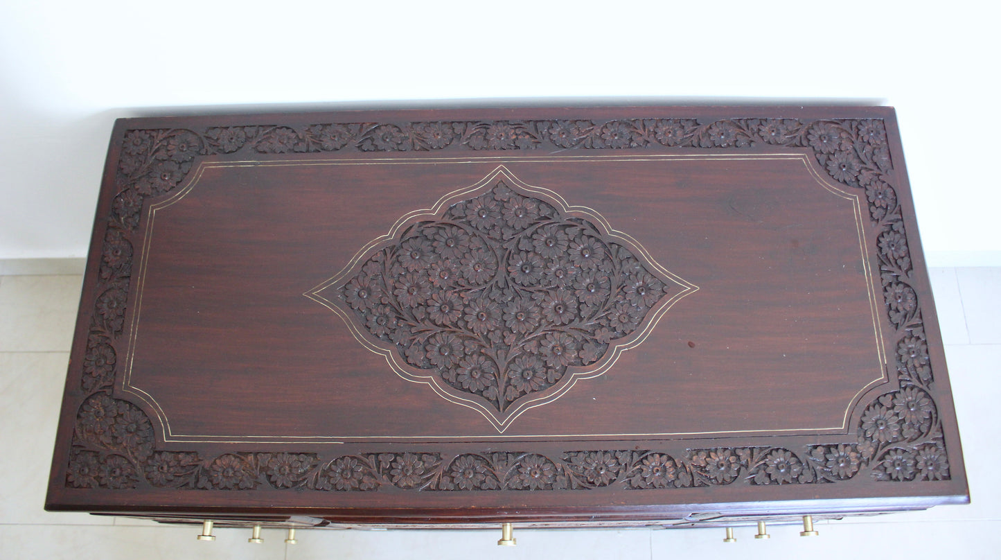 Hand-Carved Solid Wood Chest of Drawers with Brass Inlay