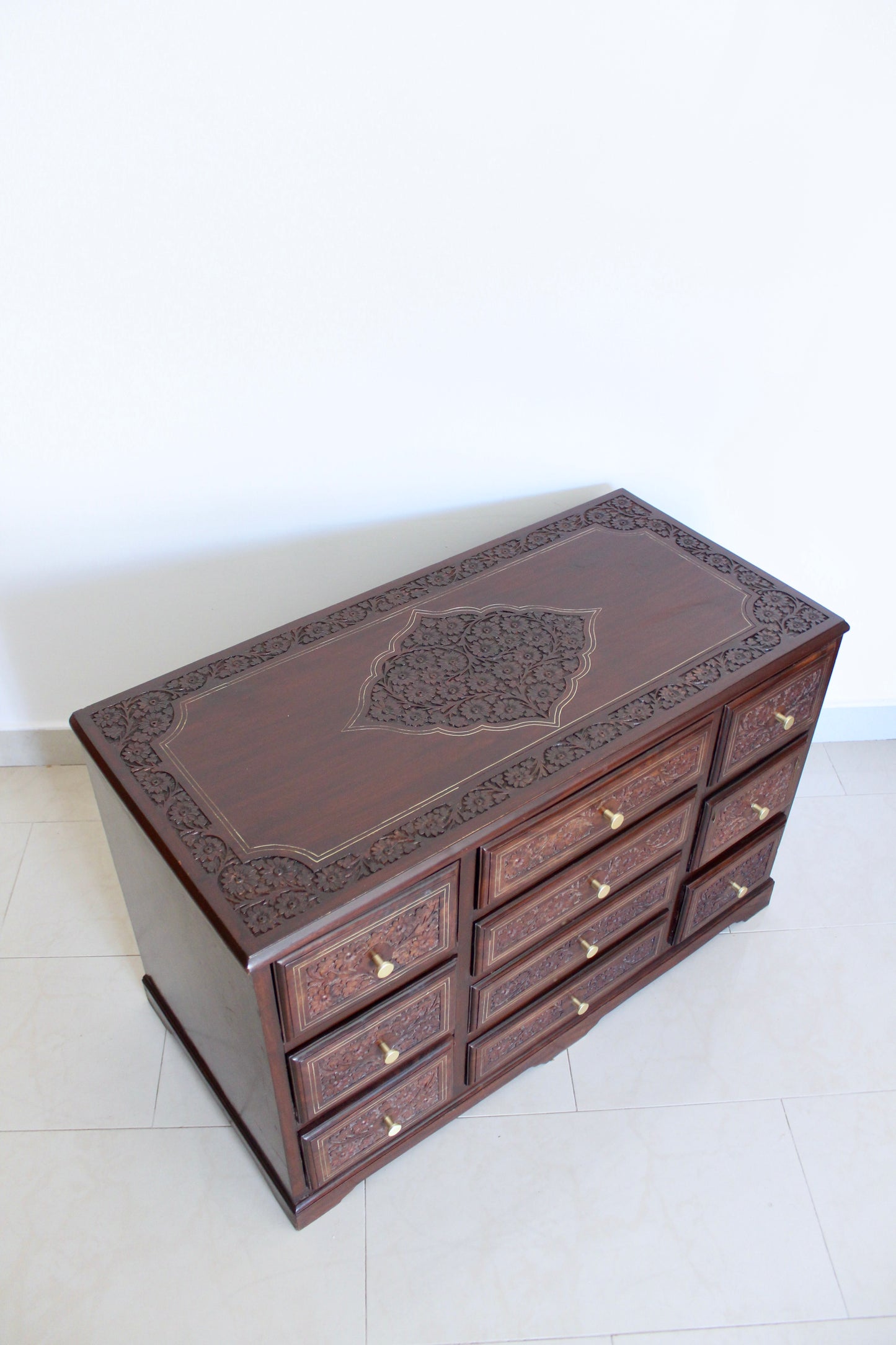 Hand-Carved Solid Wood Chest of Drawers with Brass Inlay