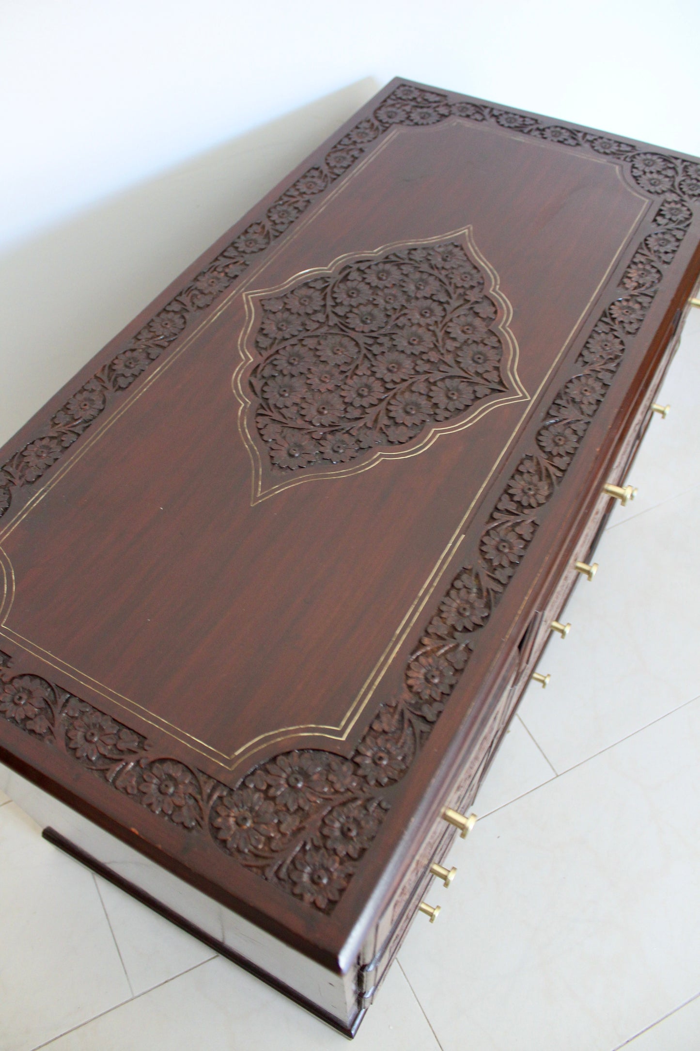 Hand-Carved Solid Wood Chest of Drawers with Brass Inlay