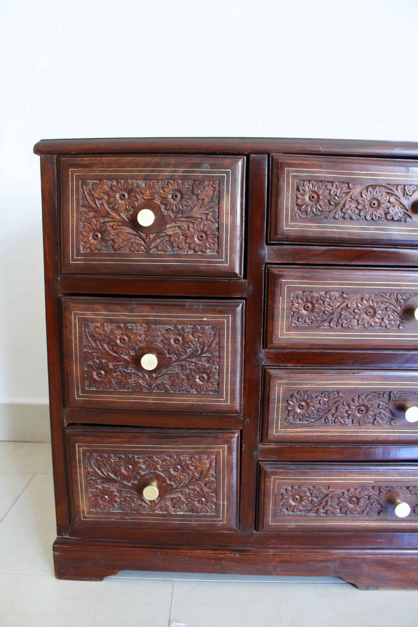 Hand-Carved Solid Wood Chest of Drawers with Brass Inlay