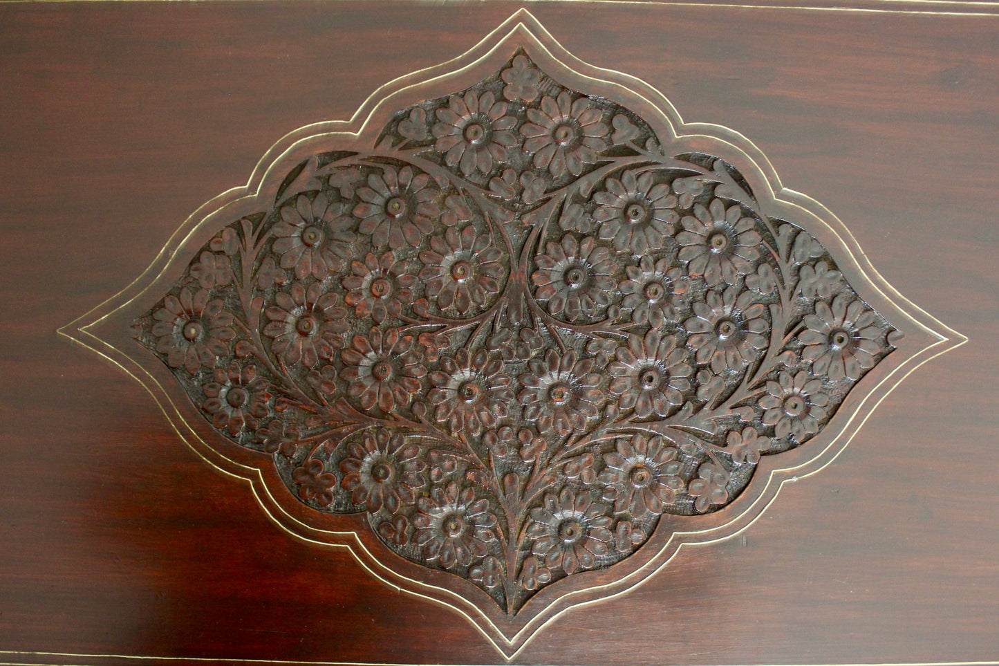 Hand-Carved Solid Wood Chest of Drawers with Brass Inlay