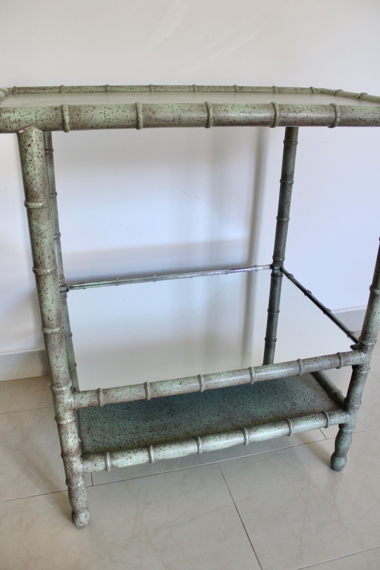Vintage Faux Bamboo Console Table with Mirrored Shelf