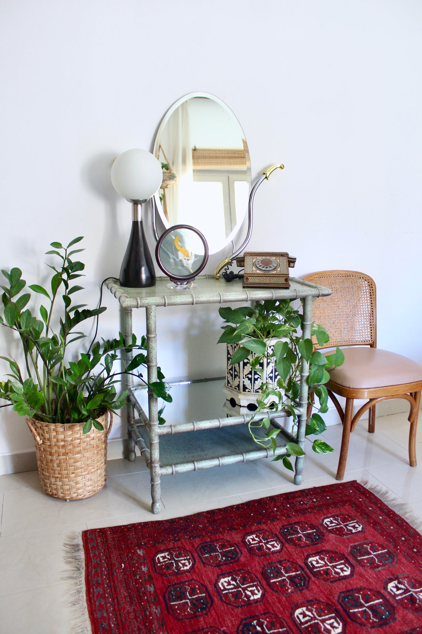 Vintage Faux Bamboo Console Table with Mirrored Shelf
