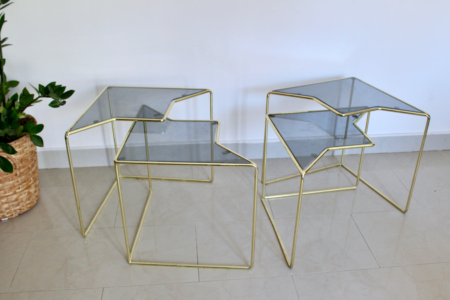 Set of 4 Postmodern Geometric Brass & Smoked Glass Sculptural Side Tables